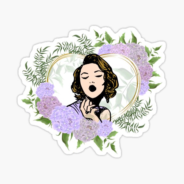 black and white woman portrait in heart frame with purple flowers Sticker