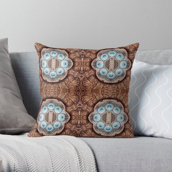 turquoise brown cowboy tribal Western country Throw Pillow