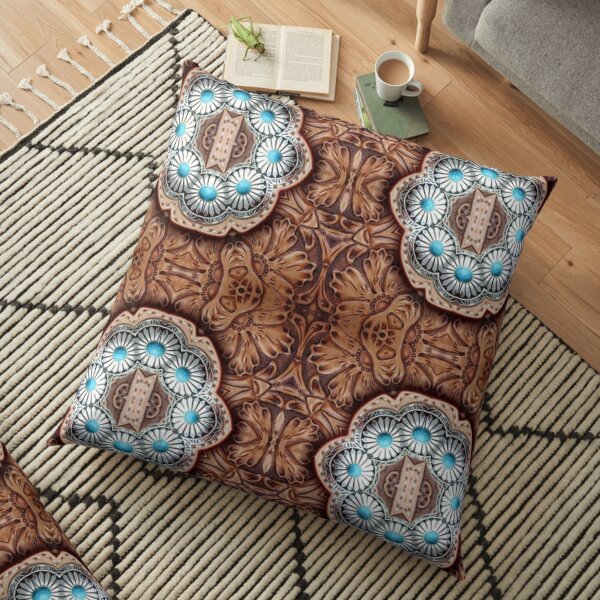 turquoise brown cowboy tribal Western country Tooled Leather Floor Pillow