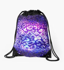 TRIBAL LEOPARD GALAXY Colorful Bold Animal Print Pattern Deep Violet Eggplant Purple Blue Galaxy Abstract Drawstring Bag
