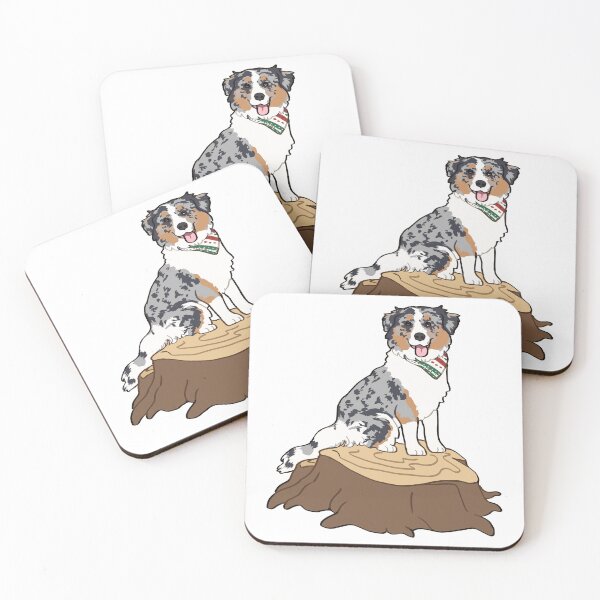 Item preview, Blue Merle Aussie Sitting on tree stump / blue Merle Australian Shepherd Dog designed and sold by Ivy Fox Illustration.