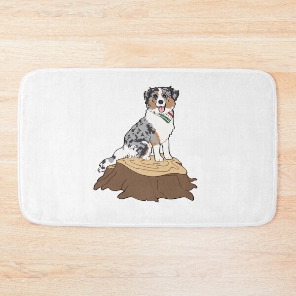Item preview, Blue Merle Aussie Sitting on tree stump / blue Merle Australian Shepherd Dog designed and sold by Ivy Fox Illustration.
