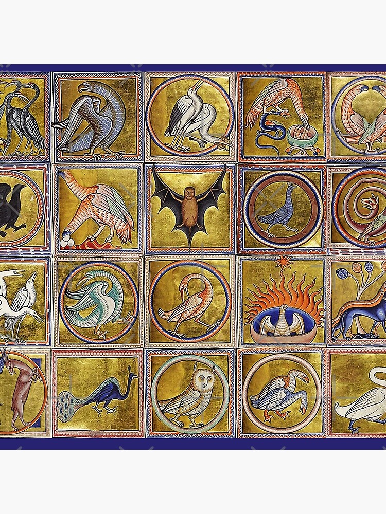 MEDIEVAL BESTIARY, FANTASTIC ANIMALS IN GOLD RED BLUE COLORS by BulganLumini