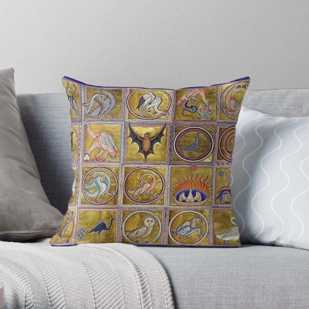 MEDIEVAL BESTIARY, FANTASTIC ANIMALS IN GOLD RED BLUE COLORS Throw Pillow