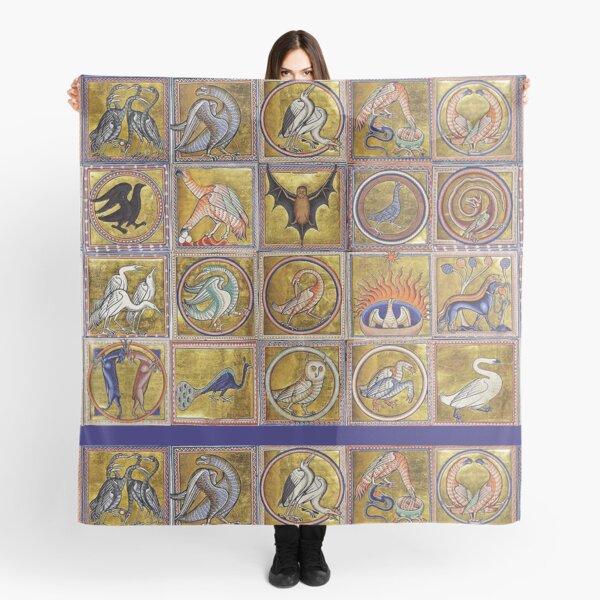 MEDIEVAL BESTIARY, FANTASTIC ANIMALS IN GOLD RED BLUE COLORS Scarf