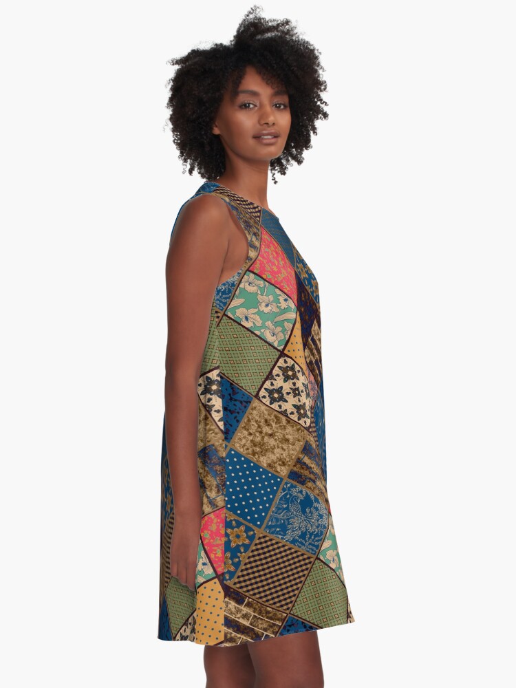 Alternate view of Rustic patchwork, Granny pattern, rustic, patchwork, fashion, folklore A-Line Dress