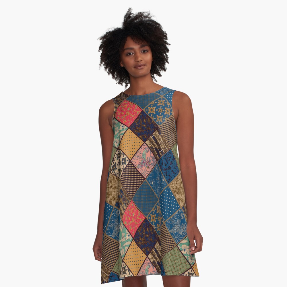 Rustic patchwork, Granny pattern, rustic, patchwork, fashion, folklore A-Line Dress