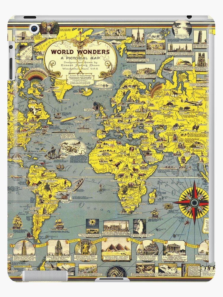 Yellow-Blue Vintage Pictorial World Map World Wonders Cartoon Map