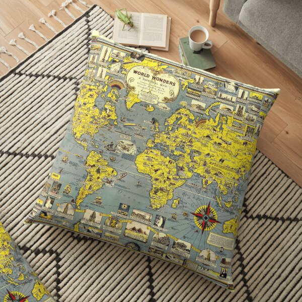 Yellow-Blue Vintage Pictorial World Map World Wonders Cartoon Map Floor Pillow