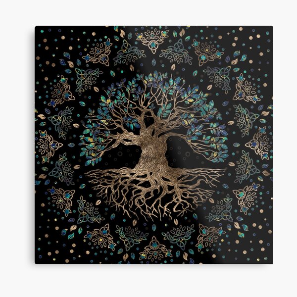 Baum des Lebens - goldene und Marmorverzierung Yggdrasil Metallbild