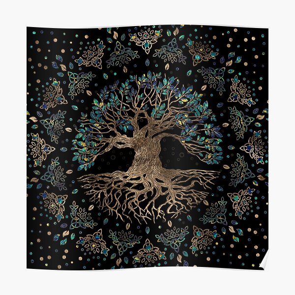 Arbre de vie -Yggdrasil or et ornement en marbre Poster