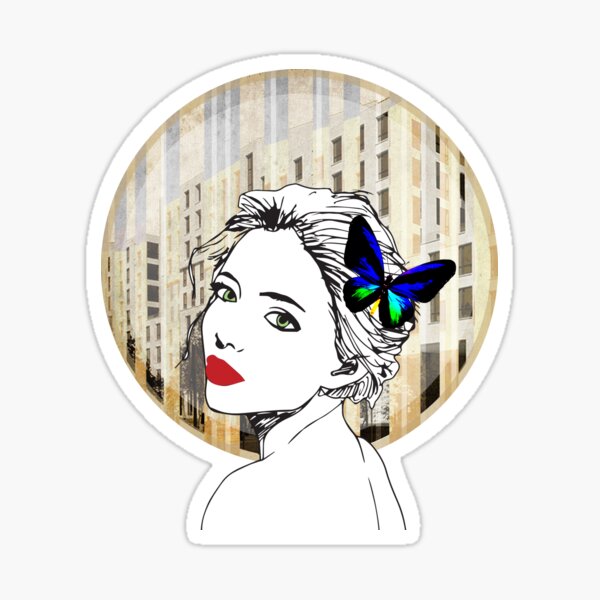 black and white butterfly lady with building in the background Sticker