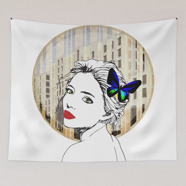 Item preview, black and white butterfly lady with building in the background designed and sold by keera66.