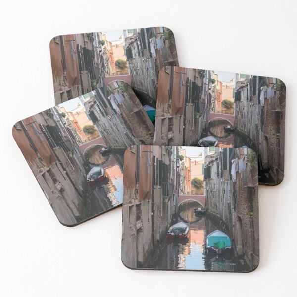 Item preview, Classic Venetian - Pink Bridge Small Canal and Moored Motorboats designed and sold by Georgia Mizuleva.