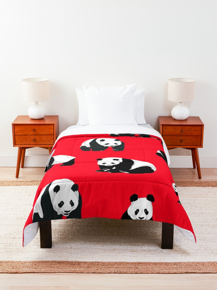 Alternate view of Pandas on a Red Background Comforter