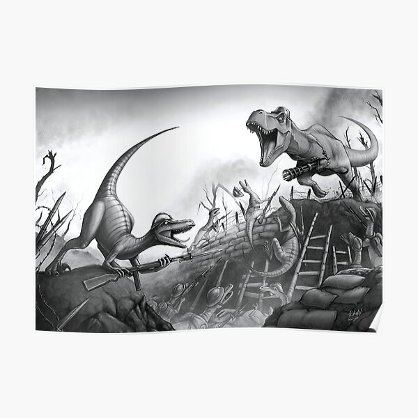 T-Rex Charging the Trenches Poster
