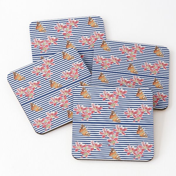 Item preview, Shabby Chic Red Lillies and Butterflies Floral Pattern Blue Stripe designed and sold by Sarah  Rajkotwala.