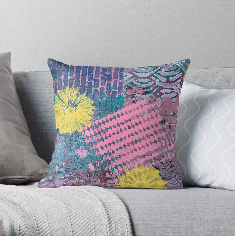 Yellow Flowers in Pink and Purple Fields Throw Pillow