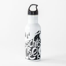 Schitt's Creek hand lettering in Creek flowing from Mountains Water Bottle
