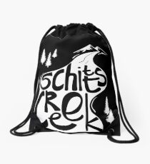 Schitt's Creek hand lettering in Creek flowing from Mountains Drawstring Bag