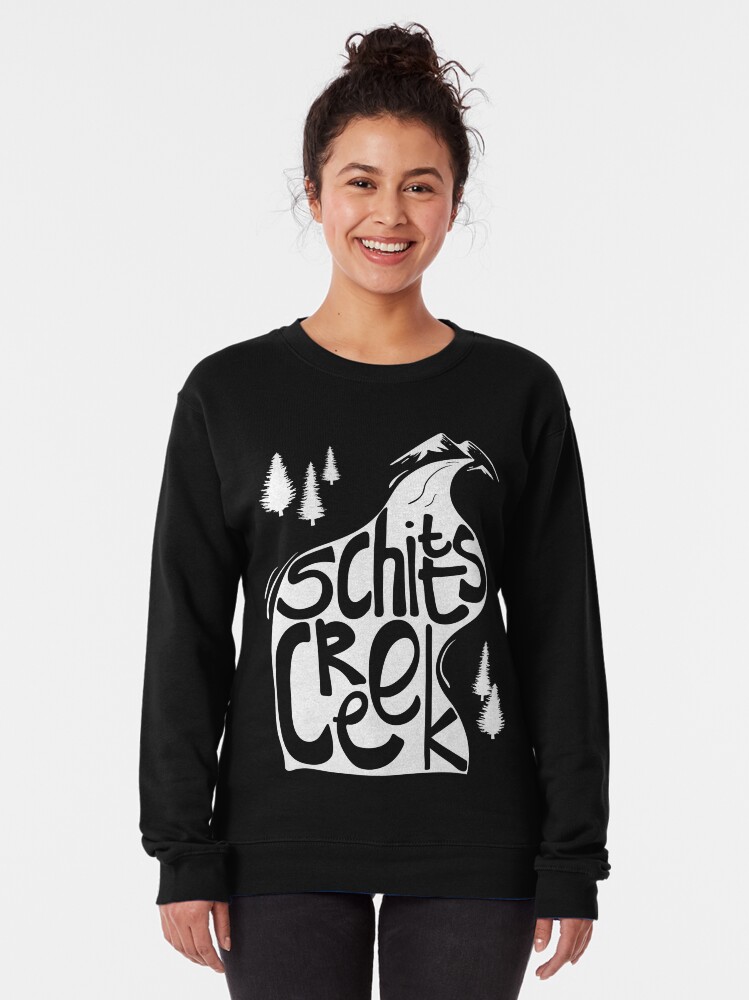 Alternate view of Schitt's Creek hand lettering in Creek flowing from Mountains Pullover Sweatshirt