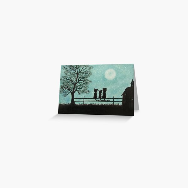 "Cats Art Three Cats with Tree Moon and Stars" Greeting Card by