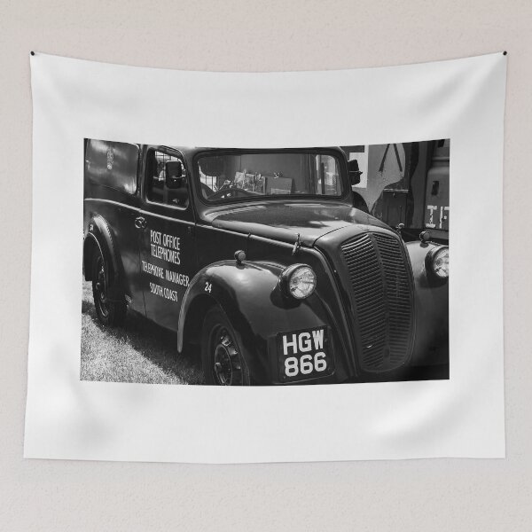 Item preview, A black and white image of the front of a 1946 Morris Z series van on display at a car show designed and sold by Graham Cornall.