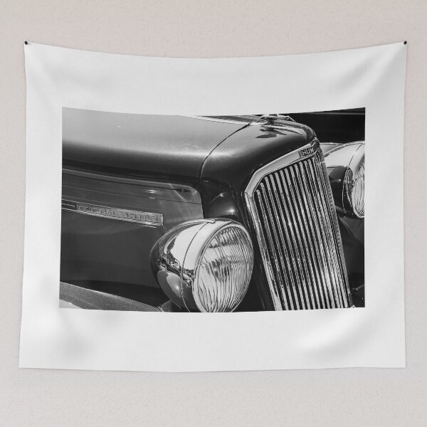 Item preview, A black and white image of the front of a brown 1950s Humber Super Snipe on display at a car show designed and sold by Graham Cornall.