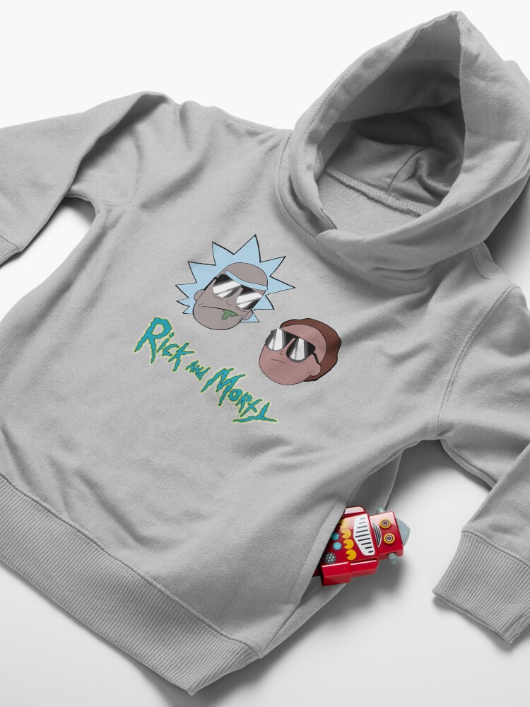 Alternate view of Super Cool Rick and Morty™ wearing sunglasses with the color logo Toddler Pullover Hoodie