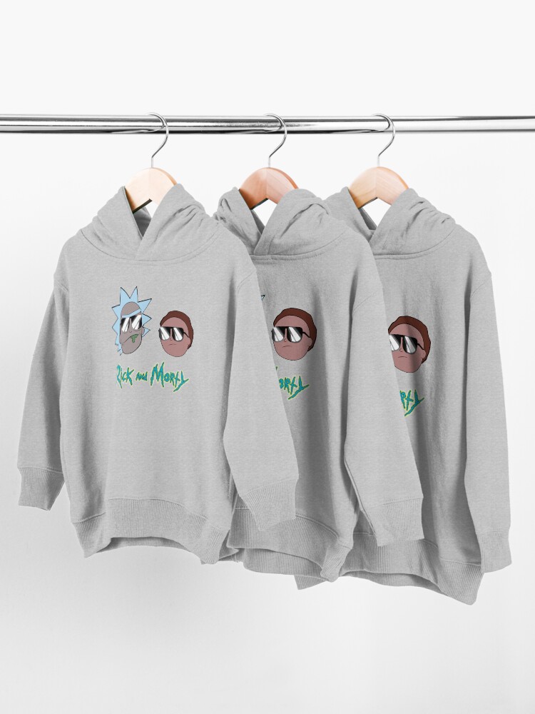 Alternate view of Super Cool Rick and Morty™ wearing sunglasses with the color logo Toddler Pullover Hoodie