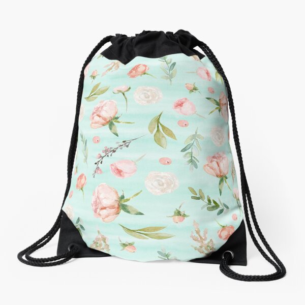 Minty Peach Floral Drawstring Bag