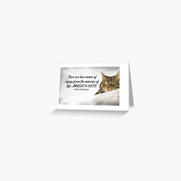 Music and Cats - Albert Schweitzer Quote tabby cat with green eyes digital art Greeting Card