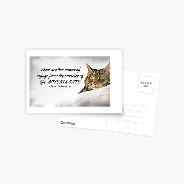 Music and Cats - Albert Schweitzer Quote tabby cat with green eyes digital art Postcard
