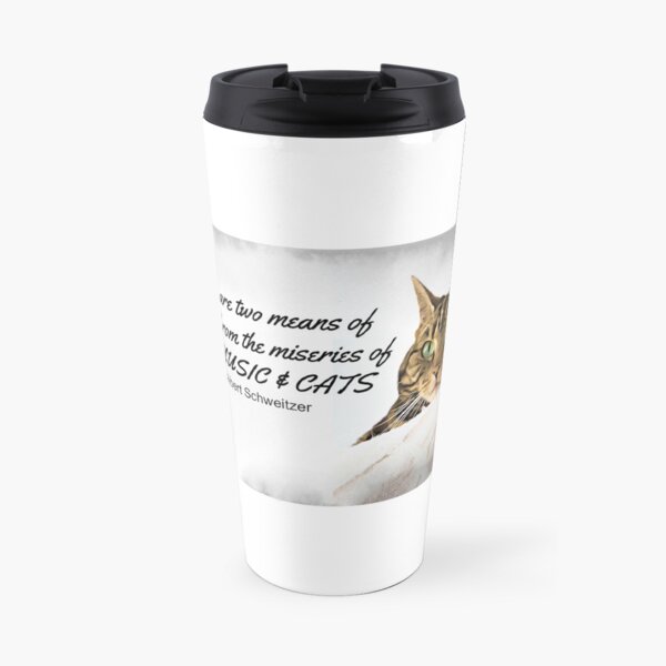 Music and Cats - Albert Schweitzer Quote tabby cat with green eyes digital art Travel Mug