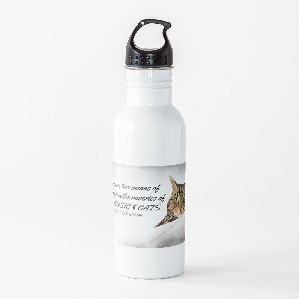 Music and Cats - Albert Schweitzer Quote tabby cat with green eyes digital art Water Bottle