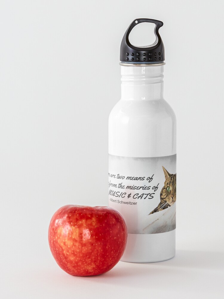 Alternate view of Music and Cats - Albert Schweitzer Quote tabby cat with green eyes digital art Water Bottle