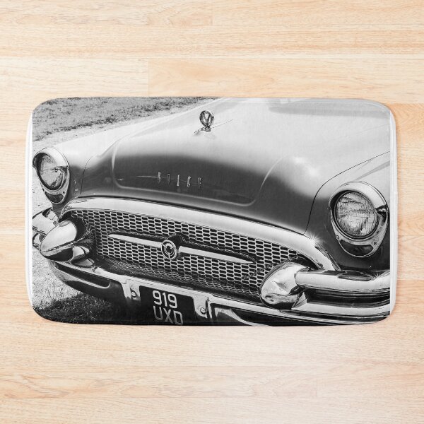 Item preview, A black and white image of the front of a green 1955 Buik Roadmaster on display at a car show designed and sold by Graham Cornall.
