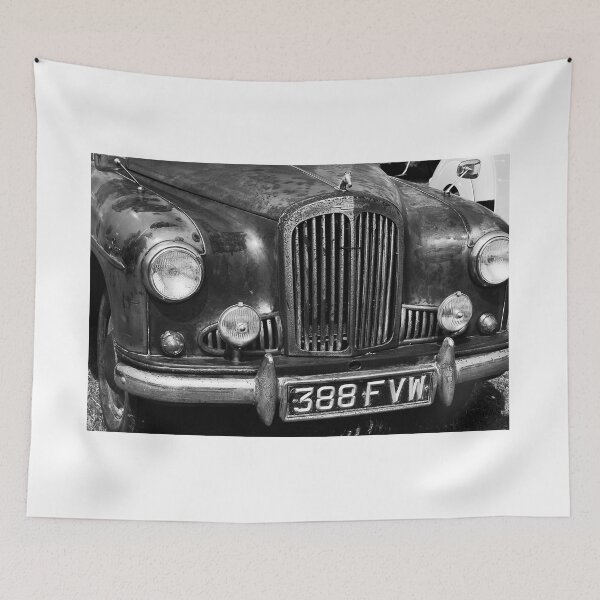 Item preview, A black and white image of the front of a 1956 Singer Hunter on display at a car show designed and sold by Graham Cornall.