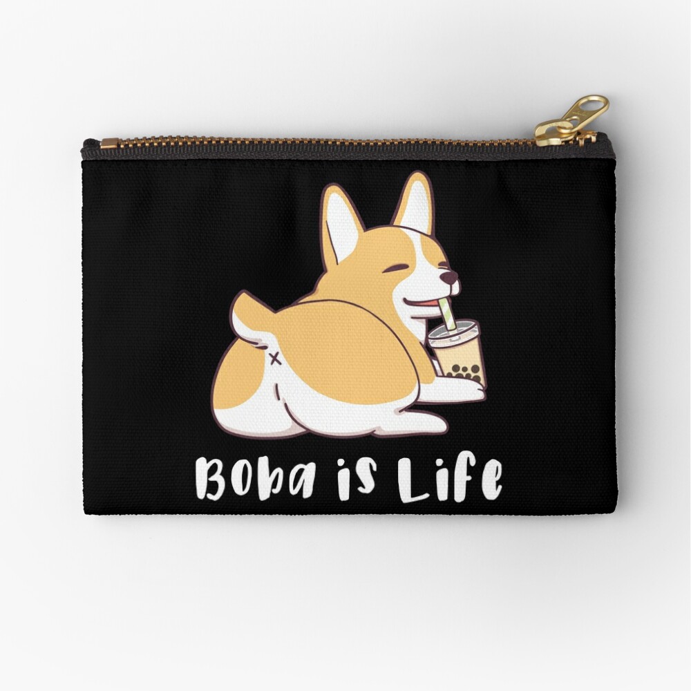 Coin Purse With Corgi in Bubble Tea Print Fabric Zipper Pouch