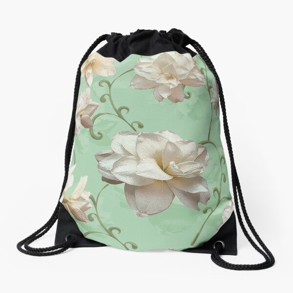White Amaryllis on green Drawstring Bag