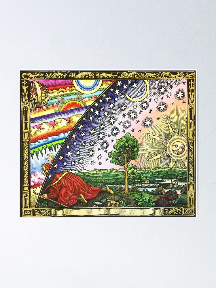 Alternate view of COSMIC MYSTERY. COLOURED. Flammarion wood engraving. Poster