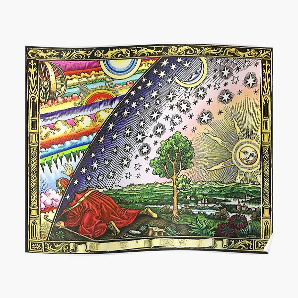 COSMIC MYSTERY. COLOURED. Flammarion wood engraving. Poster