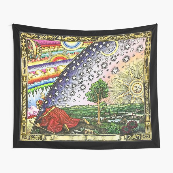COSMIC MYSTERY. COLOURED. Flammarion wood engraving. Tapestry
