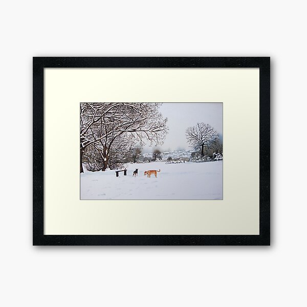 Item preview, dog snow scene landscape with trees & rooftops art designed and sold by pollywolly.