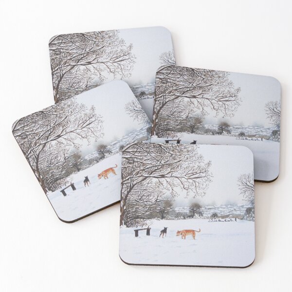 Item preview, dog snow scene landscape with trees & rooftops art designed and sold by pollywolly.