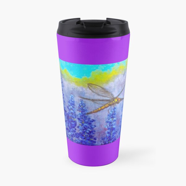 Dragonfly in the purple wildflowers impressionist art by American Artist Hilary J. England Travel Mug