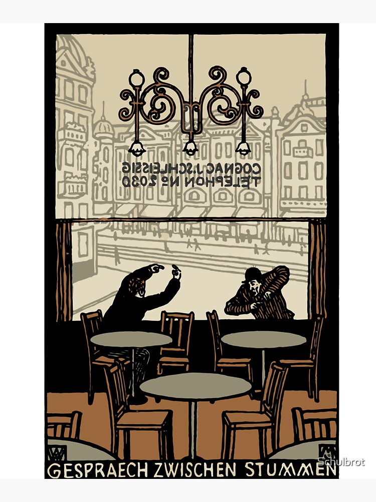 Two gesticulating men, in and in front of a Viennese coffee house, Art Nouveau, by Schulbrot