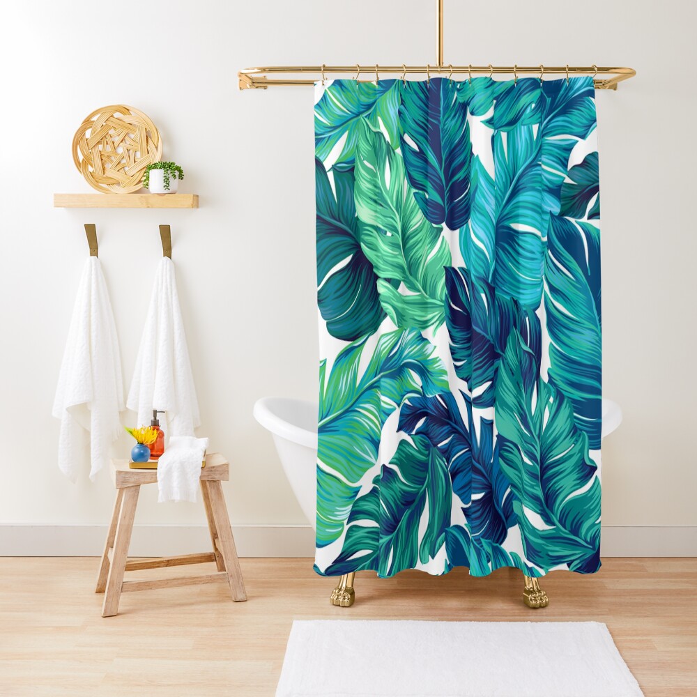 turquoise and green tropical leaves Shower Curtain