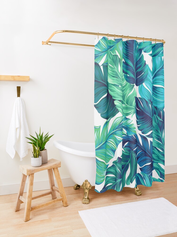 Alternate view of turquoise and green tropical leaves Shower Curtain