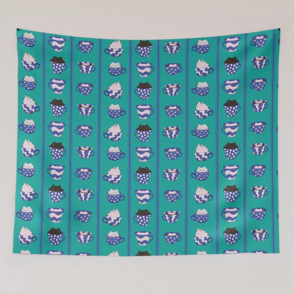 Item preview, Coffee Cat Stripes in Classic Blue and Cream designed and sold by DoodleTrees.